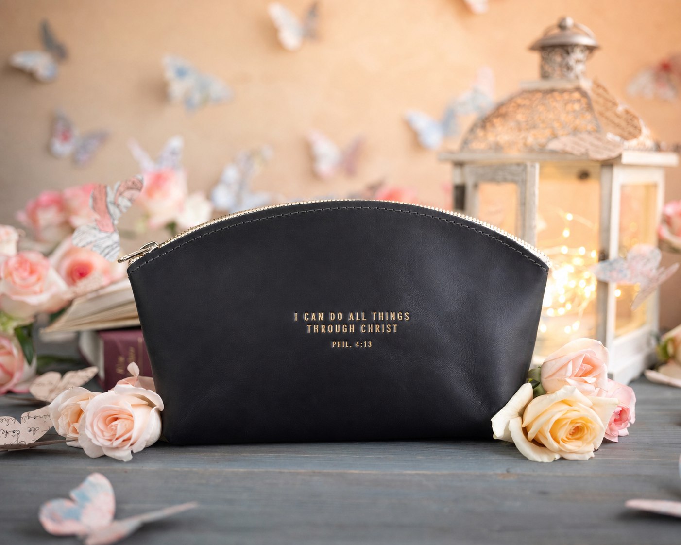 Phil. 4:13 Black full-grain leather makeup bag, Christian scripture gift