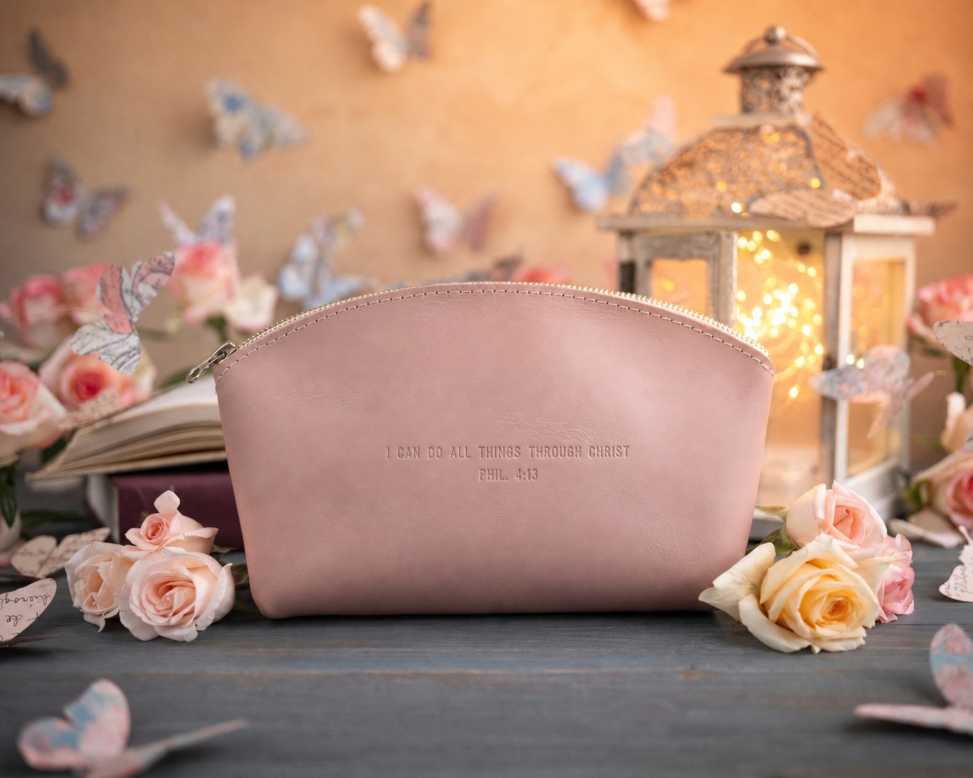 Phil. 4:13 Blush full-grain leather makeup bag, Christian scripture gift