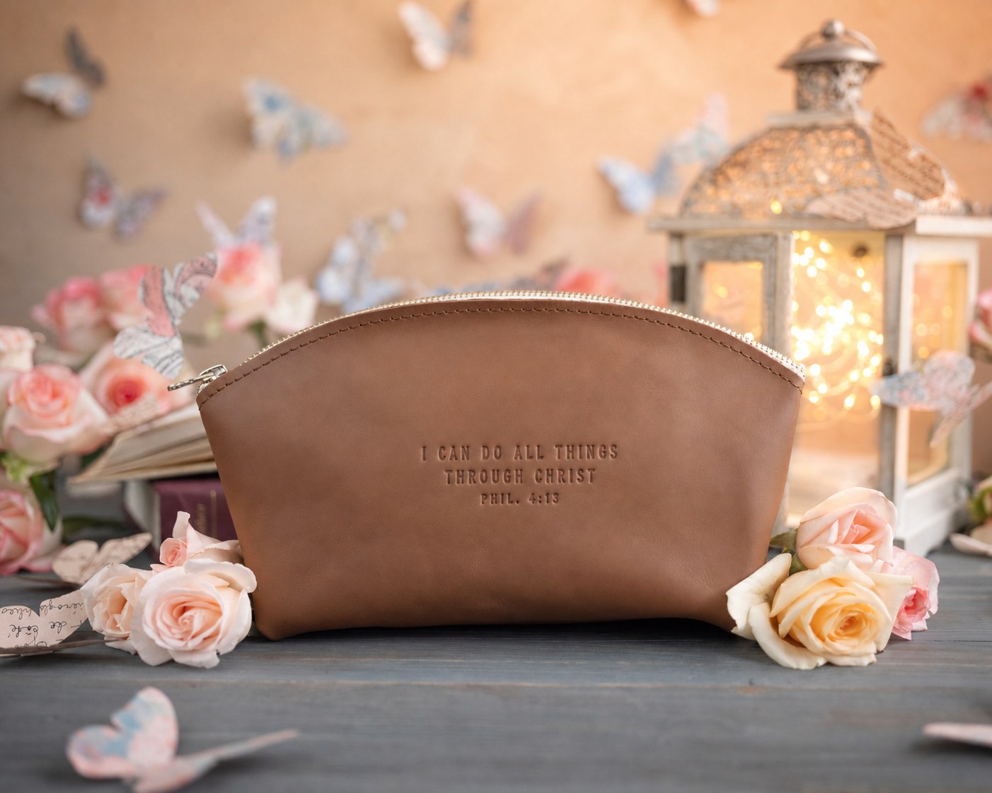 Phil. 4:13 Caramel full-grain leather makeup bag, Christian scripture gift
