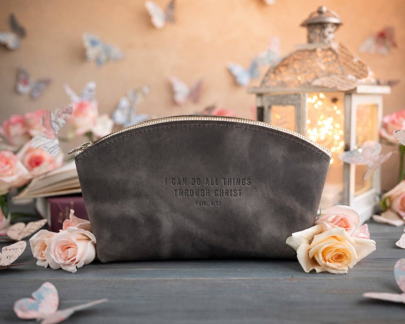 Phil. 4:13 Country Gray full-grain leather makeup bag, Christian scripture gift