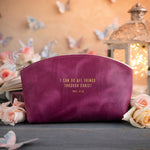 Phil. 4:13 Fuchsia full-grain leather makeup bag, Christian scripture gift