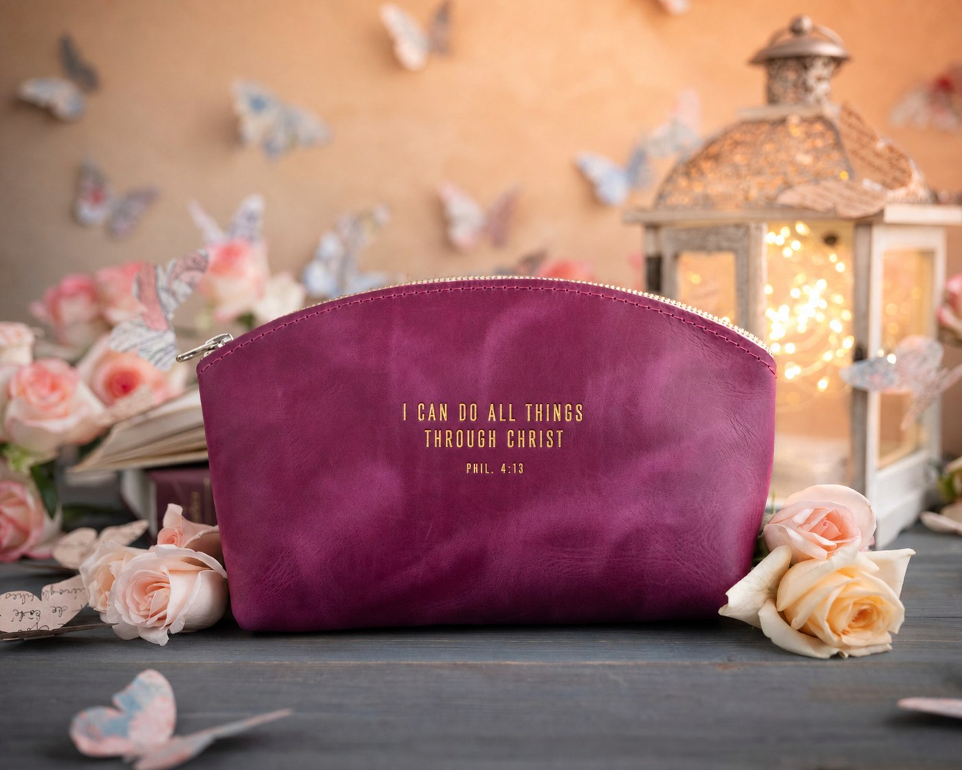 Phil. 4:13 Fuchsia full-grain leather makeup bag, Christian scripture gift