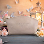 Phil. 4:13 Gray Sand full-grain leather makeup bag, Christian scripture gift