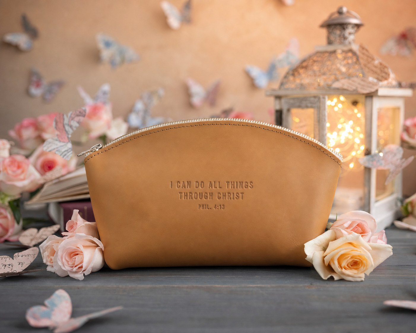Phil. 4:13 Indian Summer full-grain leather makeup bag, Christian scripture gift