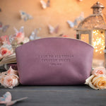 Phil. 4:13 Lilac full-grain leather makeup bag, Christian scripture gift