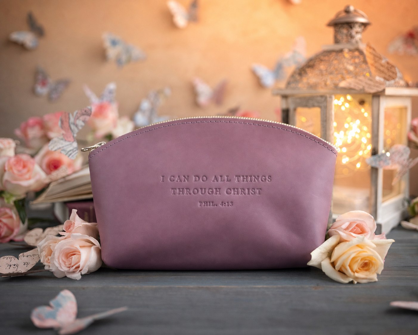 Phil. 4:13 Lilac full-grain leather makeup bag, Christian scripture gift