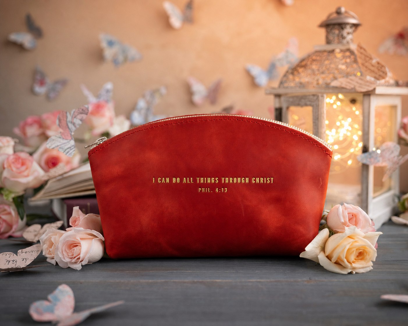 Phil. 4:13 Poppy Red full-grain leather makeup bag, Christian scripture gift