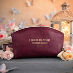 Phil. 4:13 Sangria full-grain leather makeup bag, Christian scripture gift