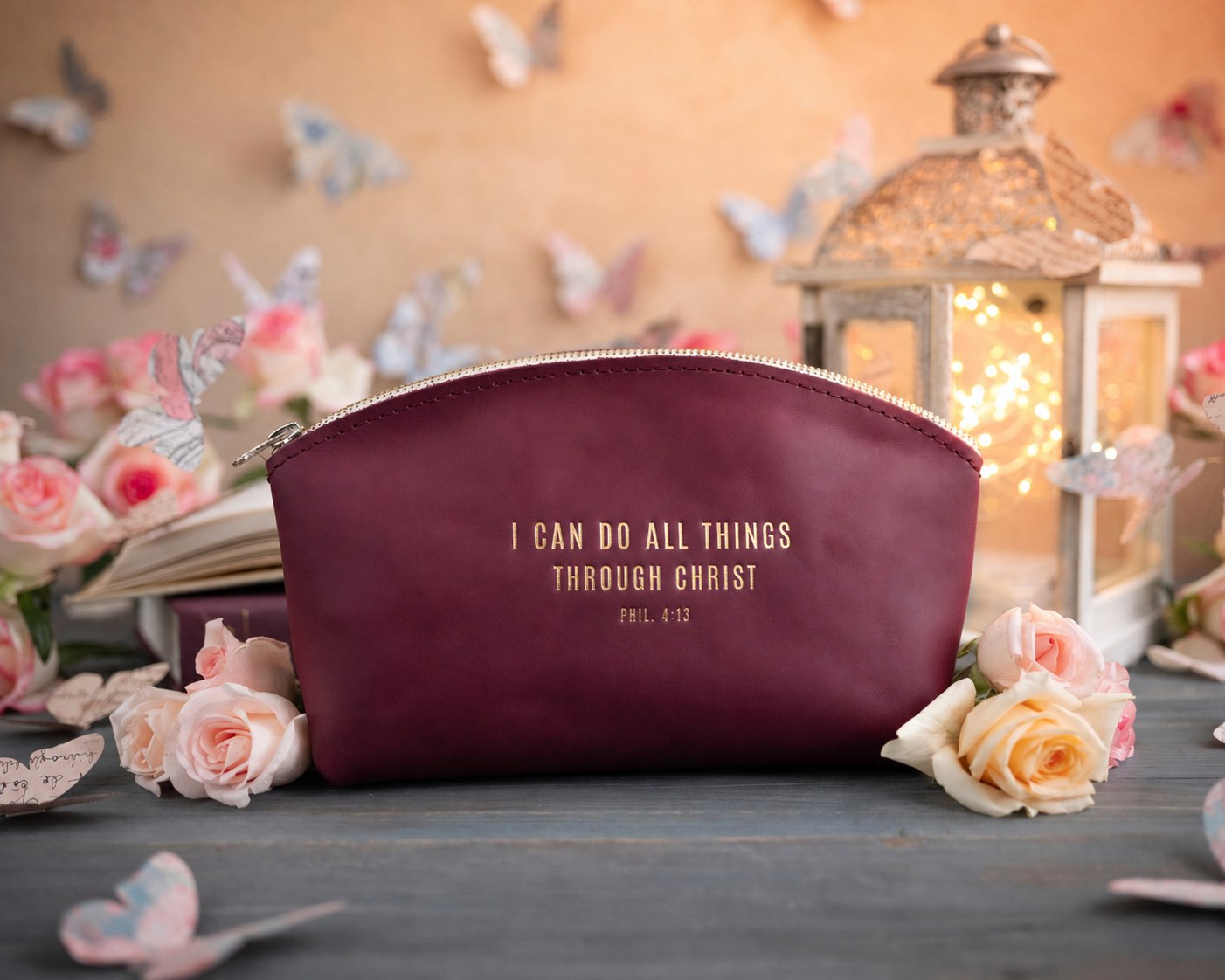 Phil. 4:13 Sangria full-grain leather makeup bag, Christian scripture gift