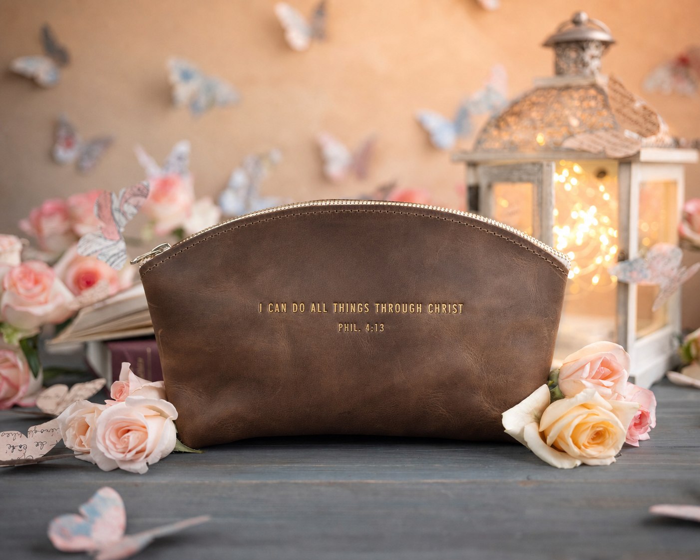 Phil. 4:13 Sicilian Brown full-grain leather makeup bag, Christian scripture gift