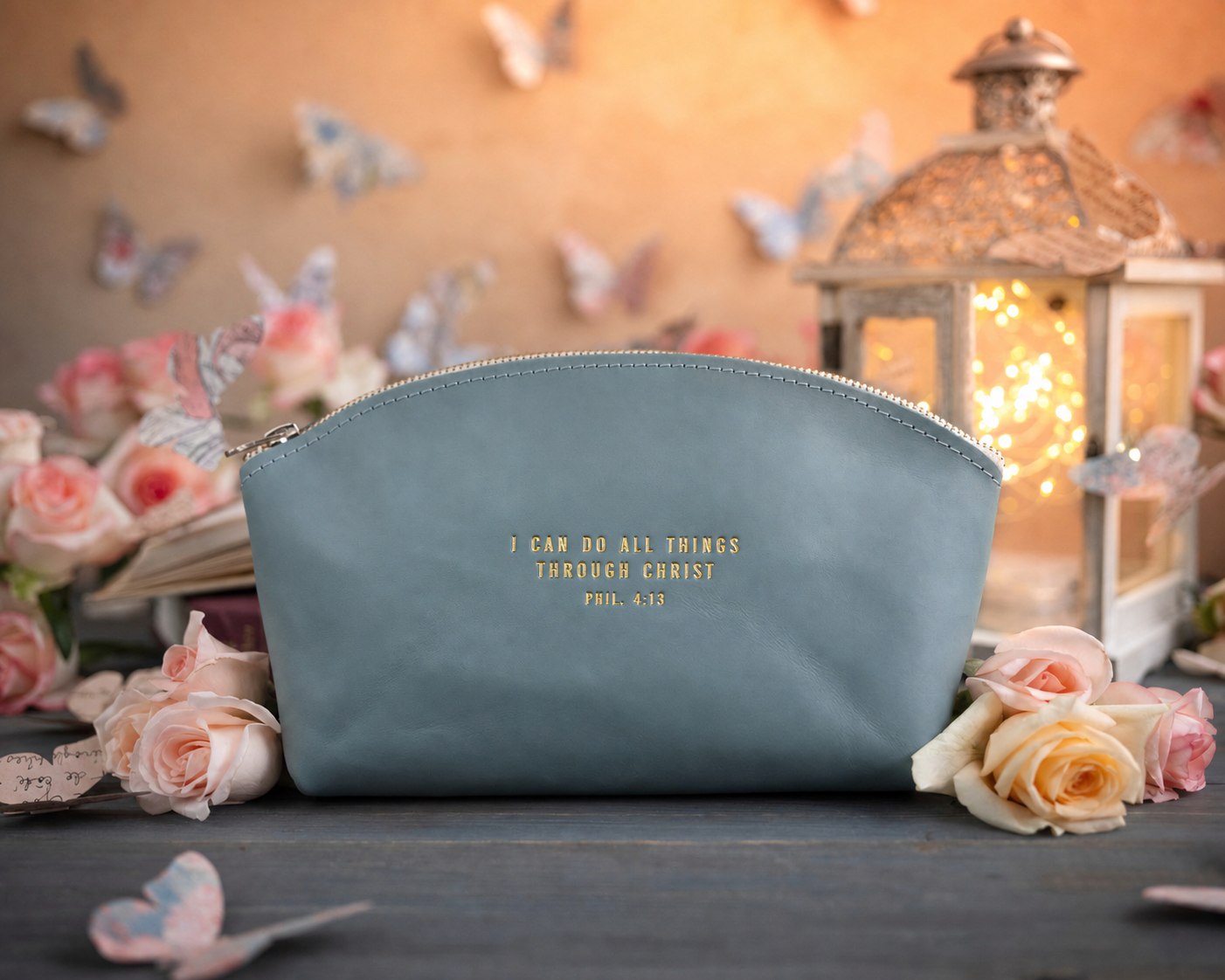 Phil. 4:13 Turquoise full-grain leather makeup bag, Christian scripture gift