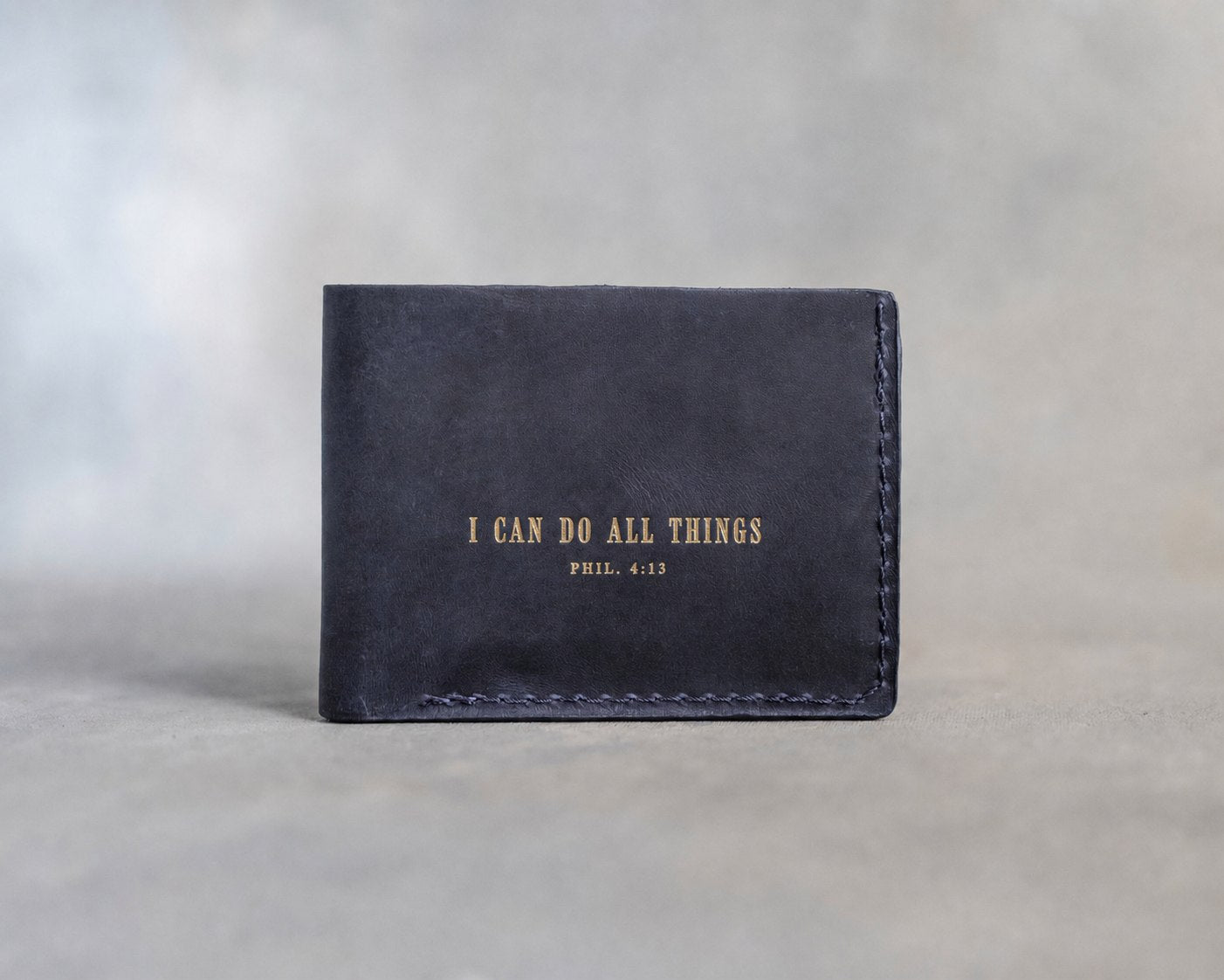 Phil. 4:13 Blueberry full-grain leather wallet, Christian scripture gift