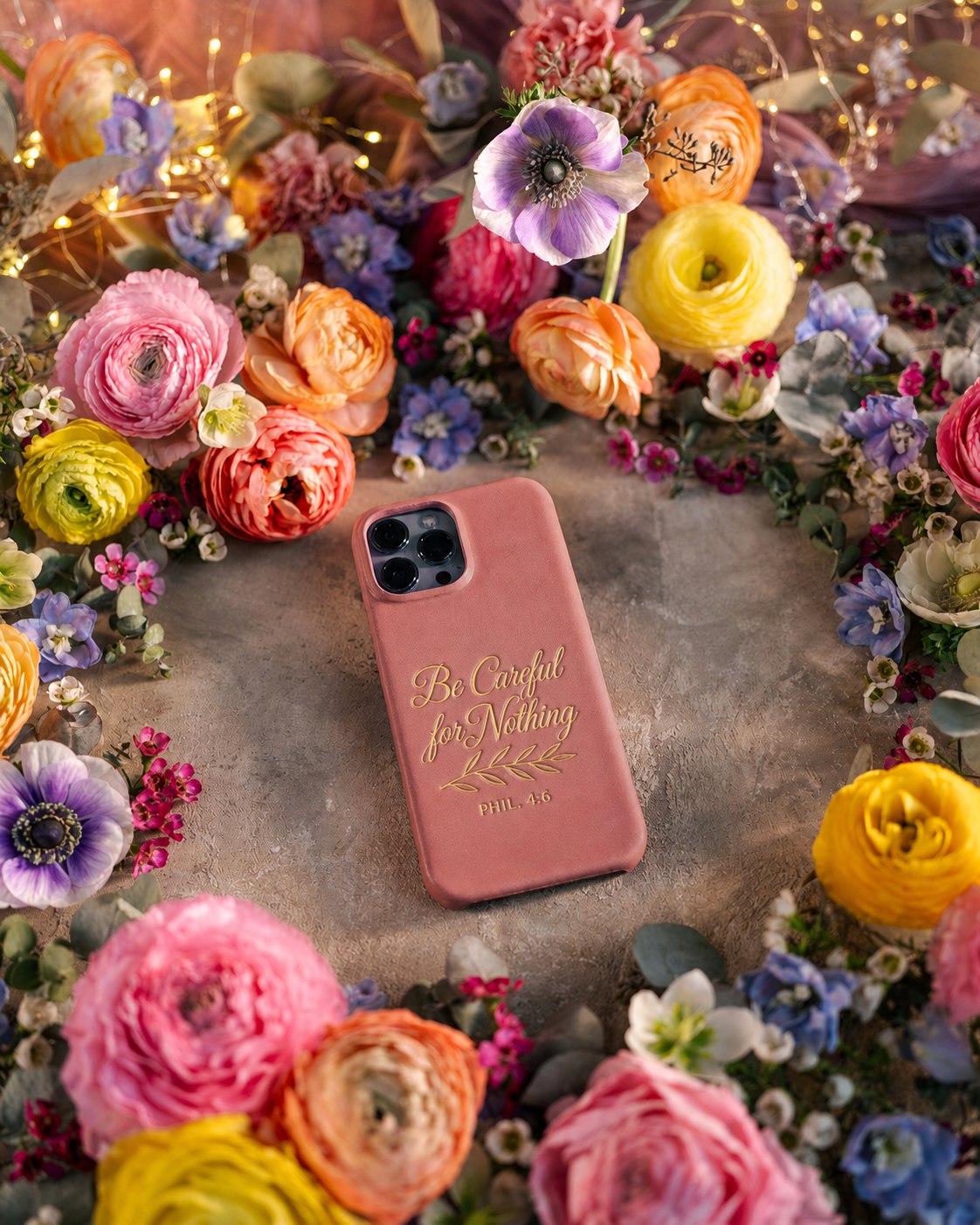 Be Careful For Nothing Phil. 4:6 handcrafted leather iPhone case, Christian scripture gift