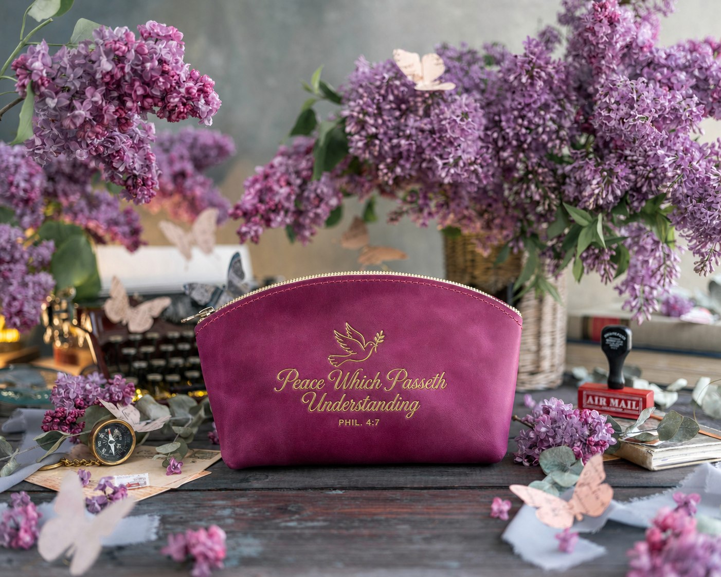 Peace Which Passeth Understanding Phil. 4:7 Fuchsia full-grain leather makeup bag, Christian scripture gift