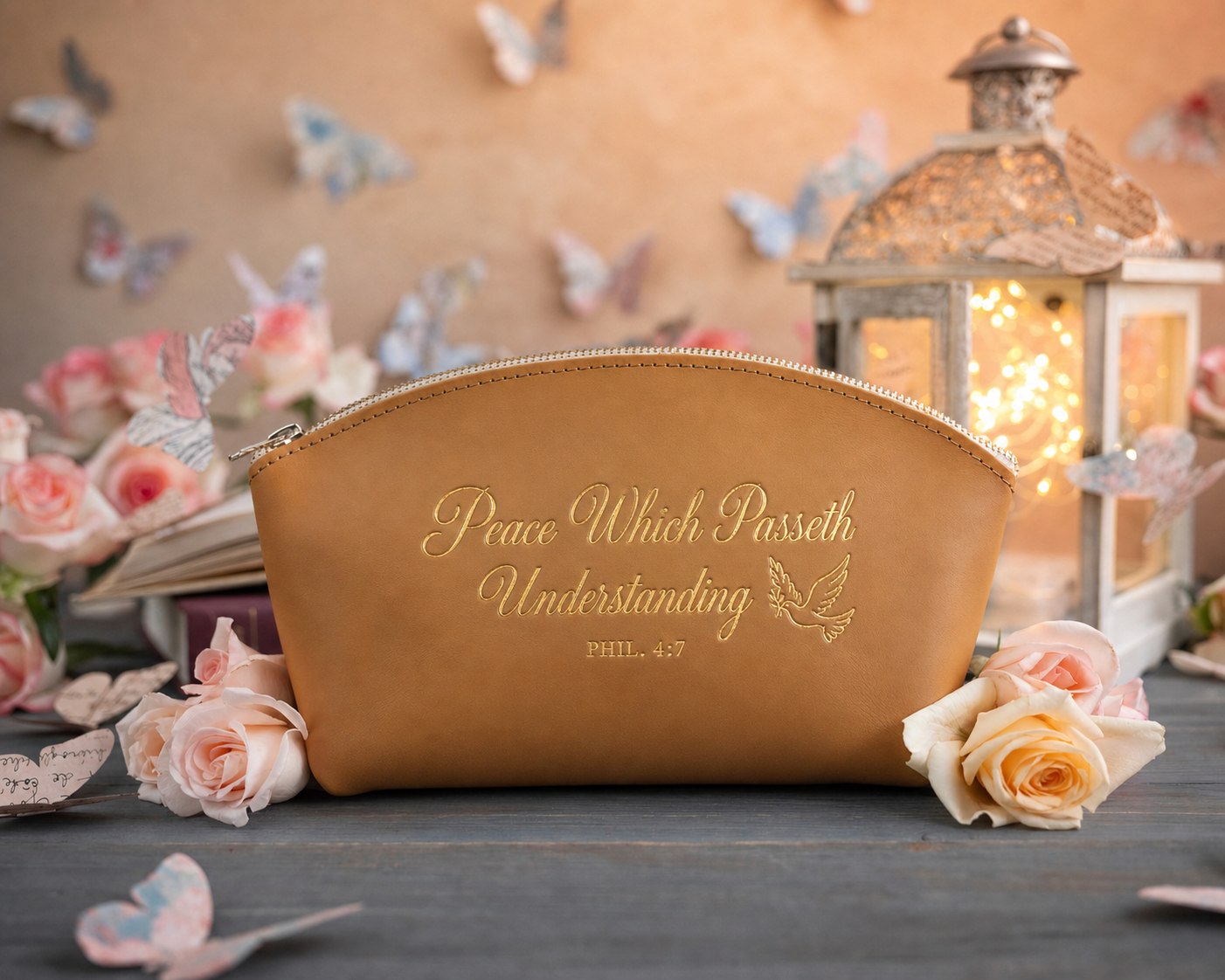 Peace Which Passeth Understanding Phil. 4:7 Indian Summer full-grain leather makeup bag, Christian scripture gift