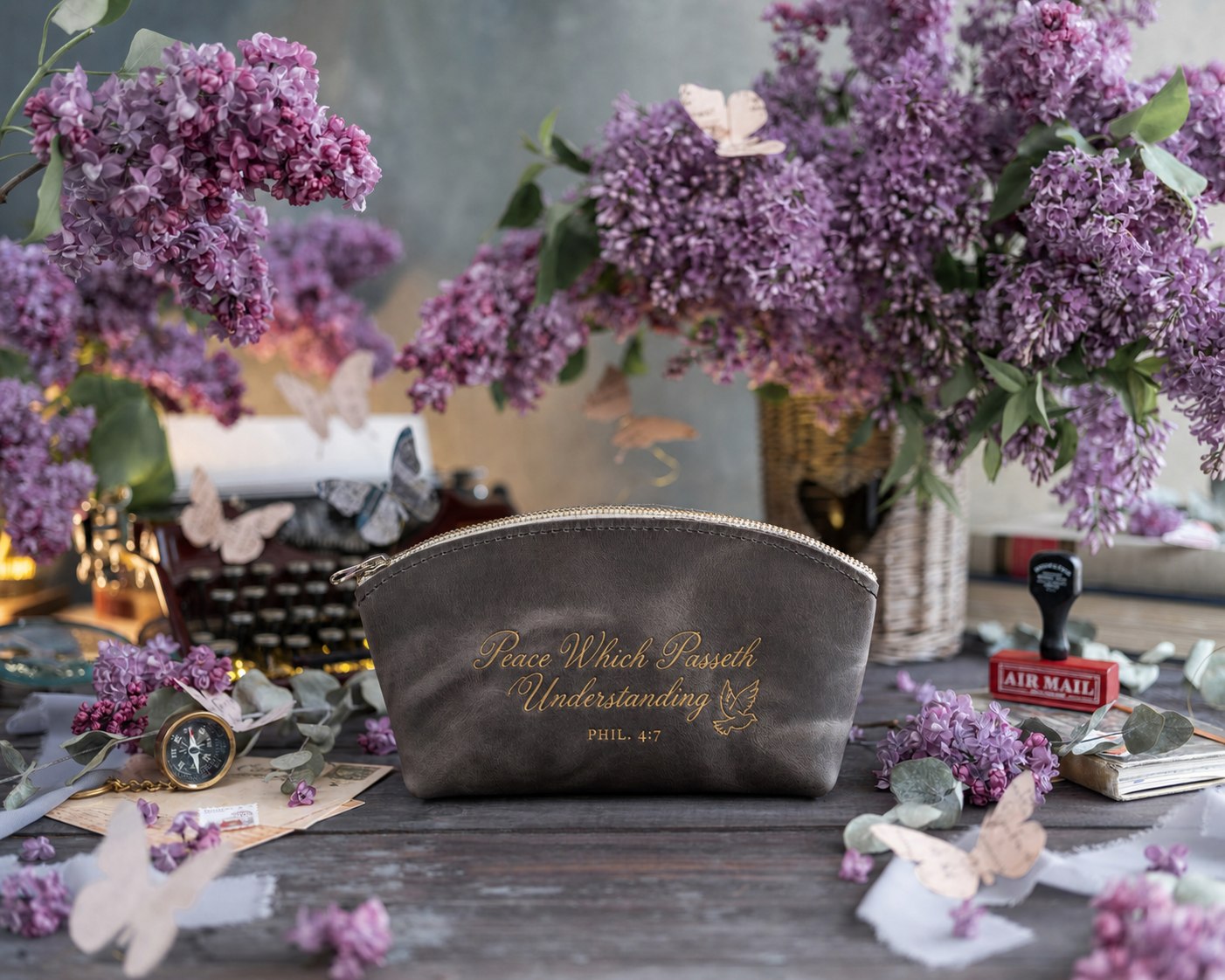 Peace Which Passeth Understanding Phil. 4:7 full-grain leather makeup bag, Christian scripture gift