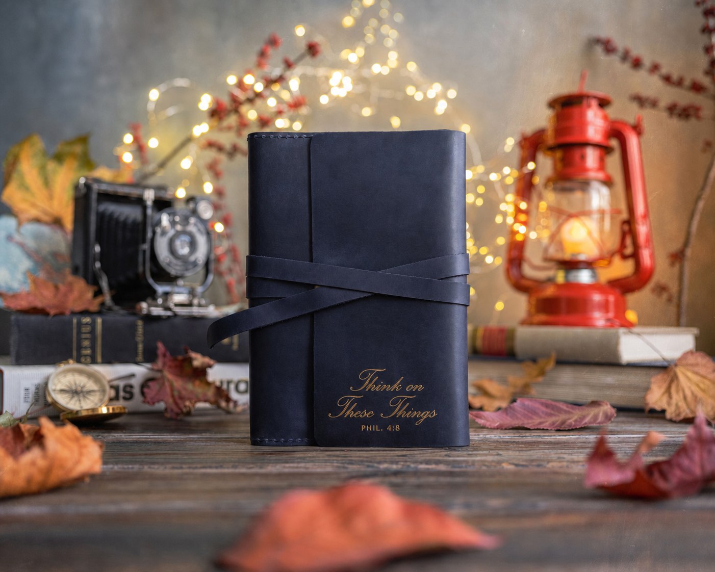 Think On These Things Phil. 4:8 handcrafted leather journal, Christian scripture gift