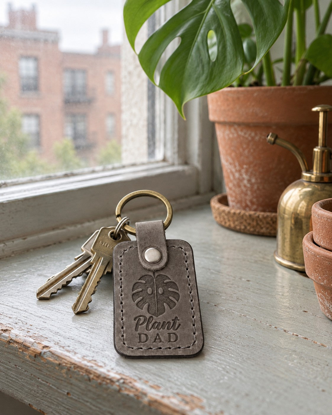 Gray Plant Dad keychain on a wooden shelf beside a large monstera in a ceramic pot
