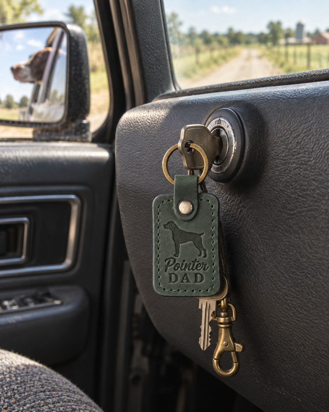 Forest green Pointer Dad leather keychain held in a warm everyday setting