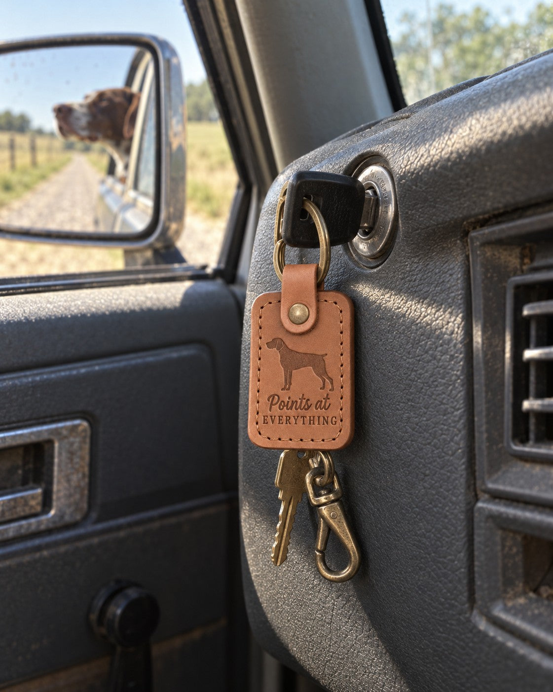 Caramel Points at Everything leather keychain placed in a warm everyday setting