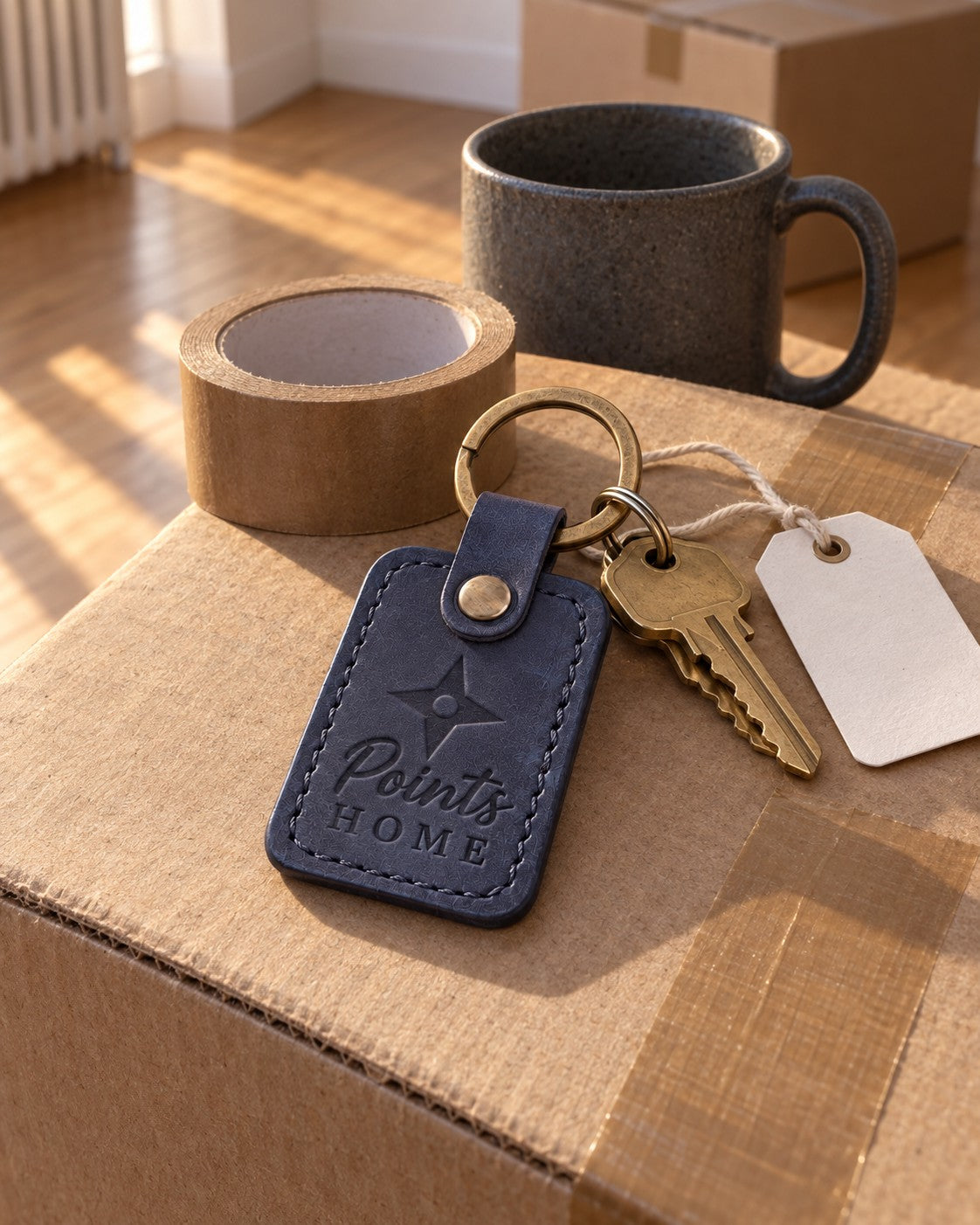 Navy Points Home compass keychain on a dorm key resting on a packed duffel bag