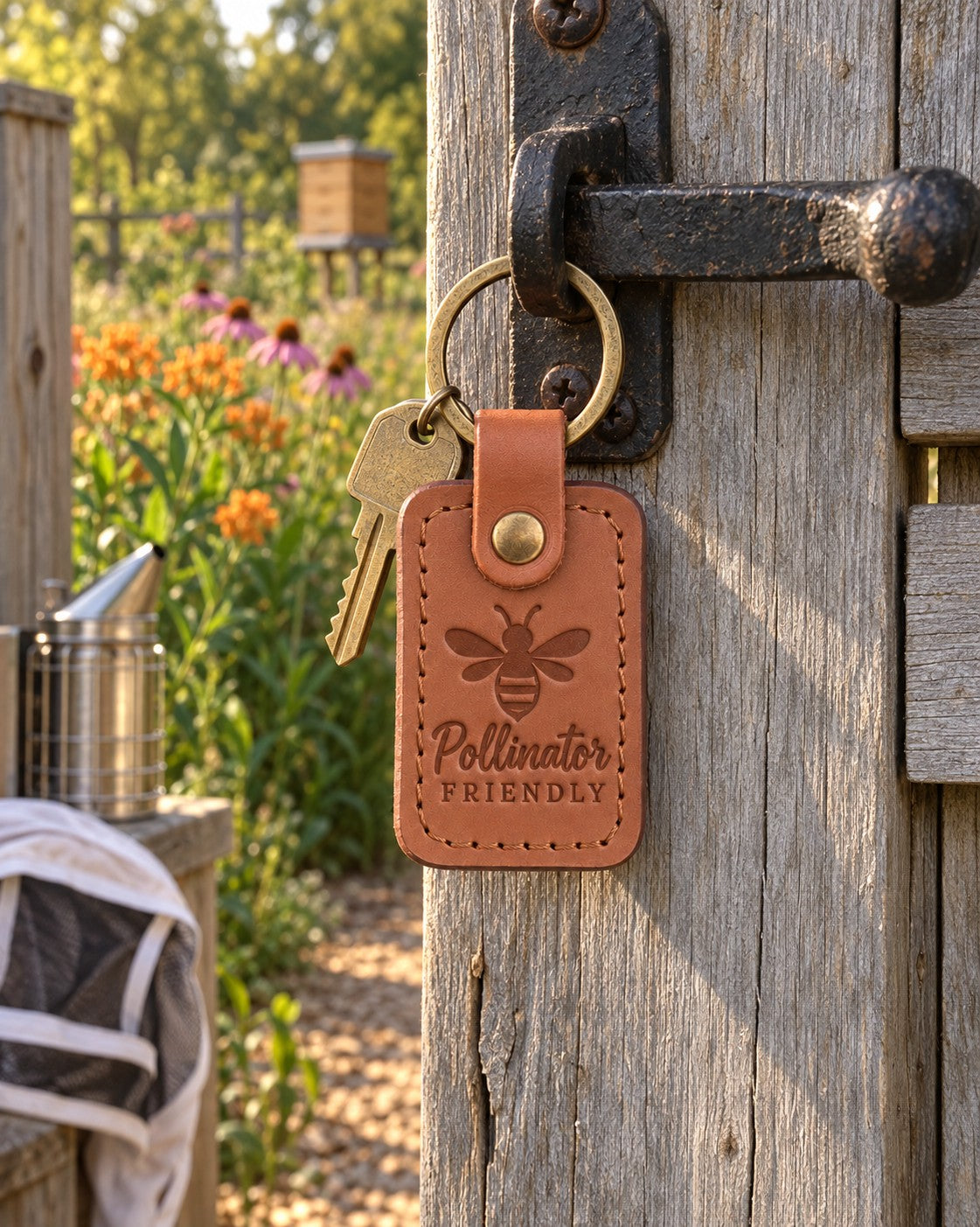 Caramel Pollinator Friendly keychain resting on a garden path beside purple coneflowers in summer light