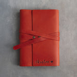 Poppy Red leather journal, Medium size, front with a debossed name