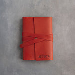 Poppy Red leather journal, Small size, front with a debossed name