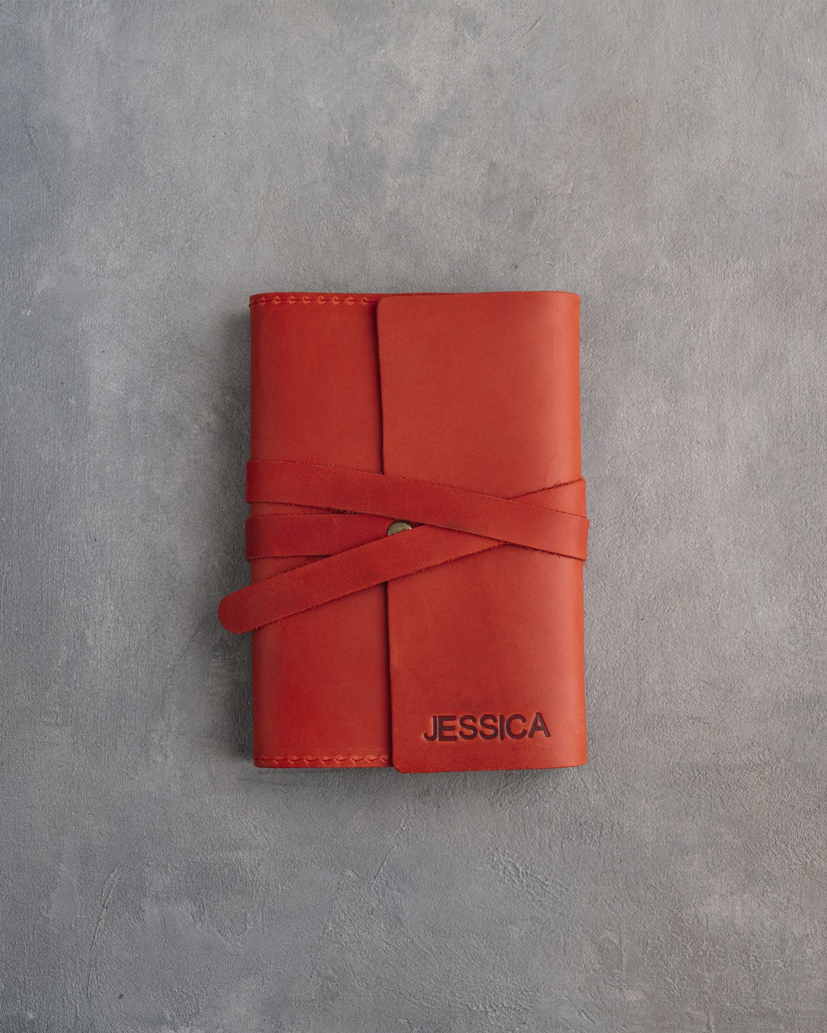 Poppy Red leather journal, Small size, front with a debossed name
