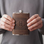 Initial Flask in Sicilian Brown Leather – Personalized Hip Flask, 8 oz