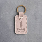 Gray sand leather keychain debossed with a spark plug above Probably and THE PLUGS