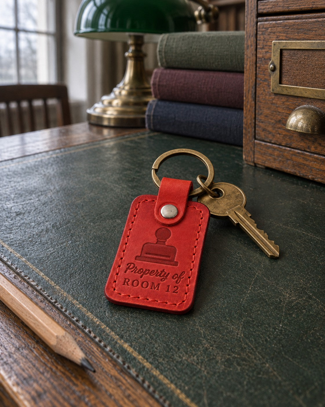 Red Property of ROOM 12 keychain on a teacher's desk beside a stack of picture books and a pencil cup