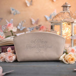 A Merry Heart Doeth Good Prov. 17:22 Gray Sand full-grain leather makeup bag, Christian scripture gift