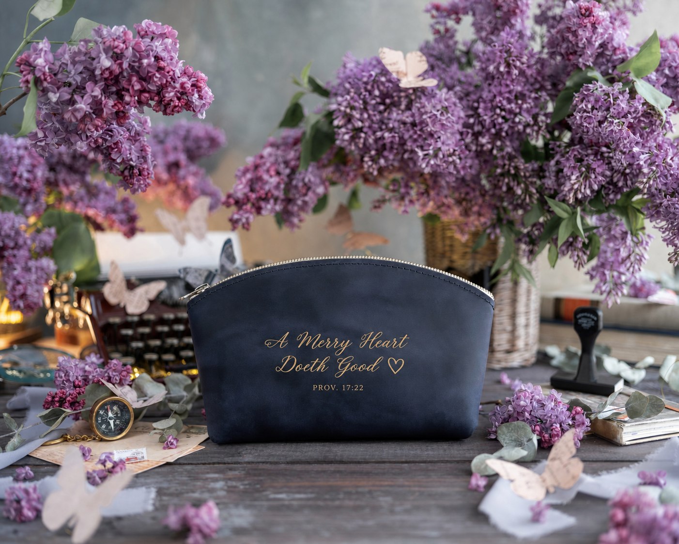 A Merry Heart Doeth Good Prov. 17:22 full-grain leather makeup bag, Christian scripture gift