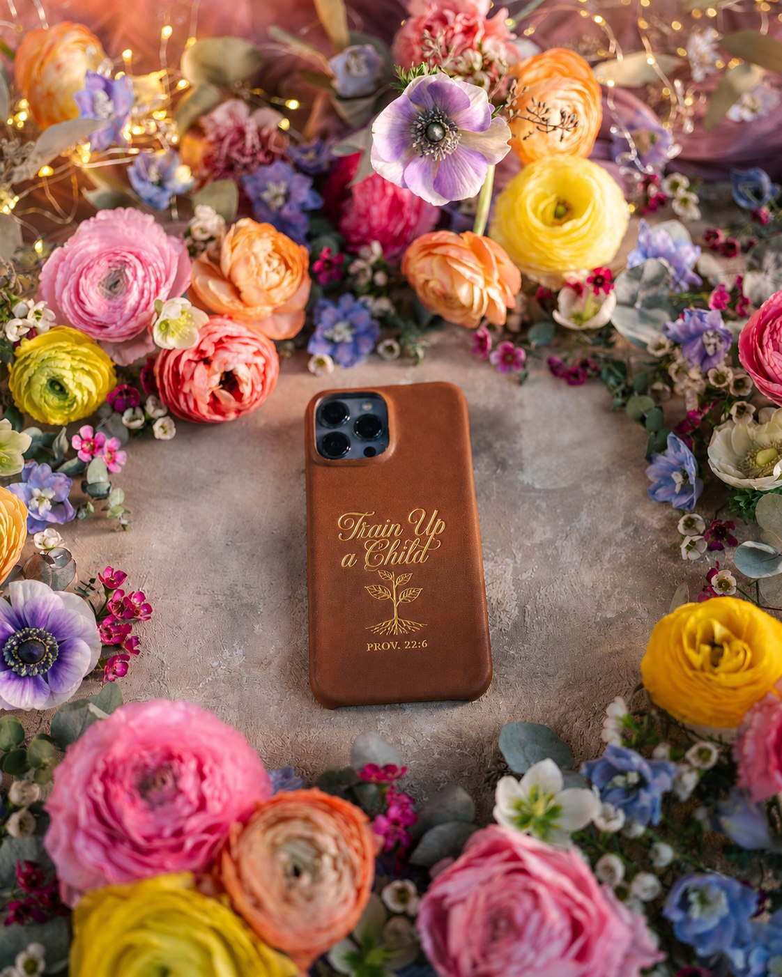 Train Up A Child Prov. 22:6 handcrafted leather iPhone case, Christian scripture gift