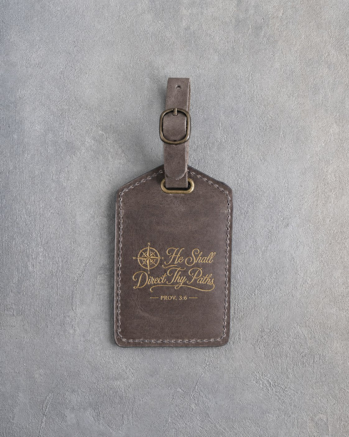 He Shall Direct Thy Paths Prov. 3:6 Country Gray full-grain leather luggage tag, Christian scripture gift