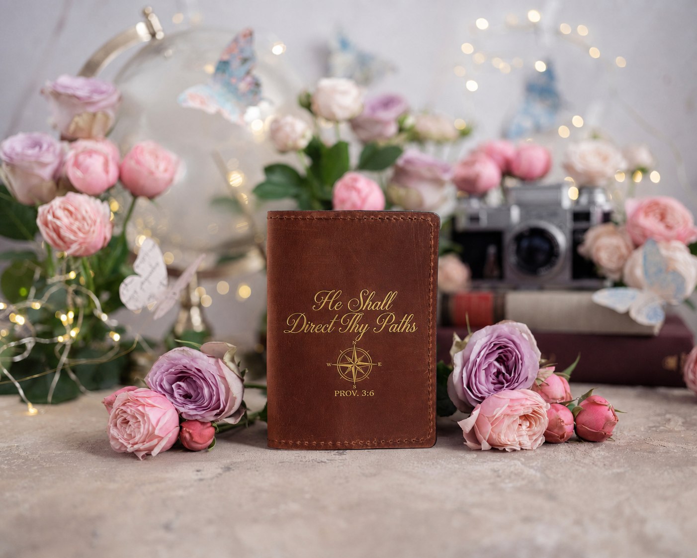 He Shall Direct Thy Paths Prov. 3:6 full-grain leather passport cover, Christian scripture gift