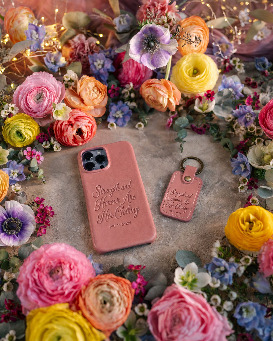 Strength And Honour Are Her Clothing Prov. 31:25 handcrafted leather iPhone case, Christian scripture gift