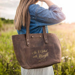 She Is Clothed With Strength Proverbs 31:25 full-grain leather tote bag, Christian scripture gift