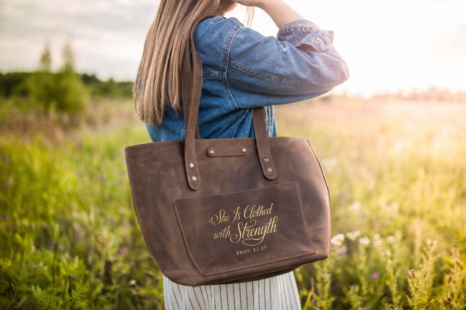She Is Clothed With Strength Proverbs 31:25 full-grain leather tote bag, Christian scripture gift