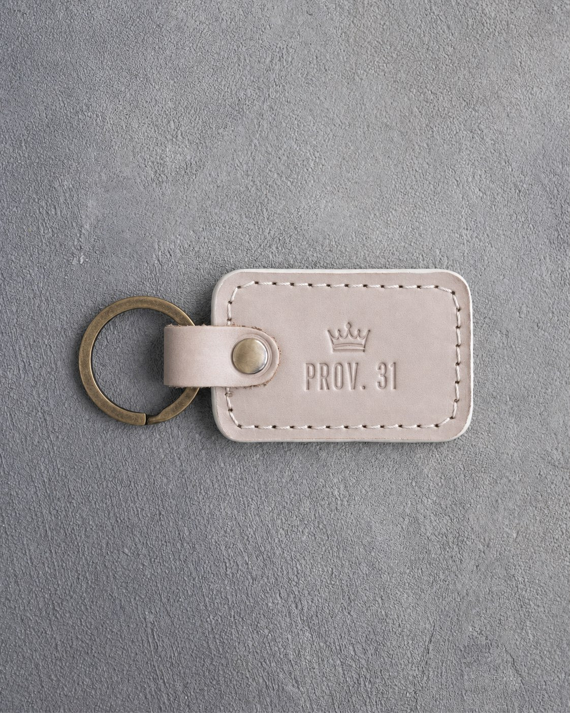 Prov. 31 Gray Sand handcrafted leather keychain, Christian scripture gift