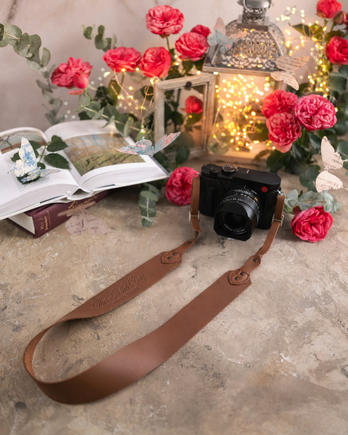 This Is The Day Psalm 118:24 Caramel full-grain leather camera strap, Christian scripture gift