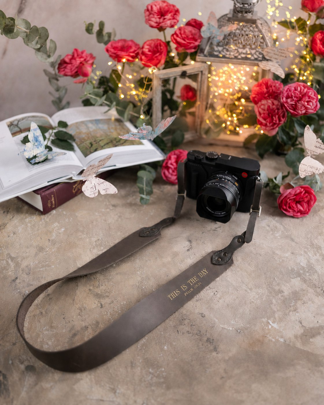 This Is The Day Psalm 118:24 Country Gray full-grain leather camera strap, Christian scripture gift