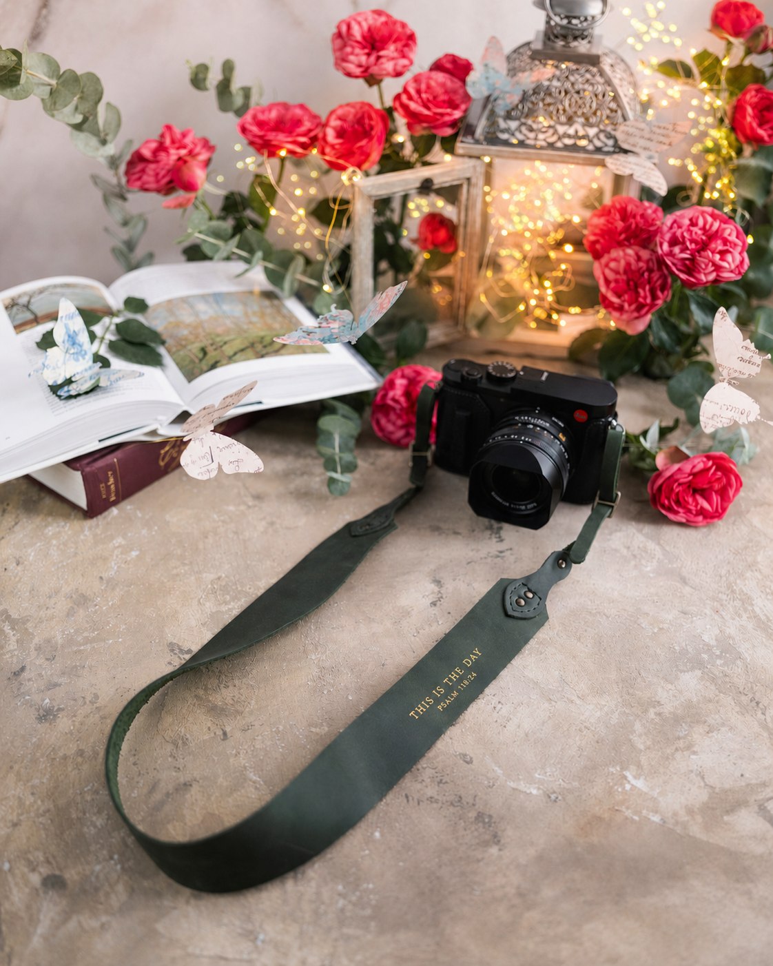 This Is The Day Psalm 118:24 Forest Green full-grain leather camera strap, Christian scripture gift