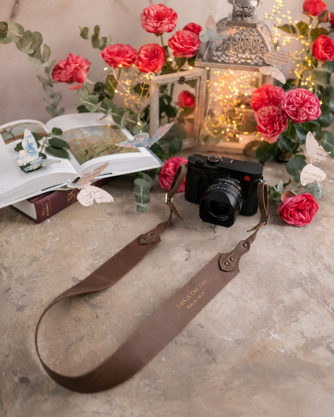 This Is The Day Psalm 118:24 Sicilian Brown full-grain leather camera strap, Christian scripture gift