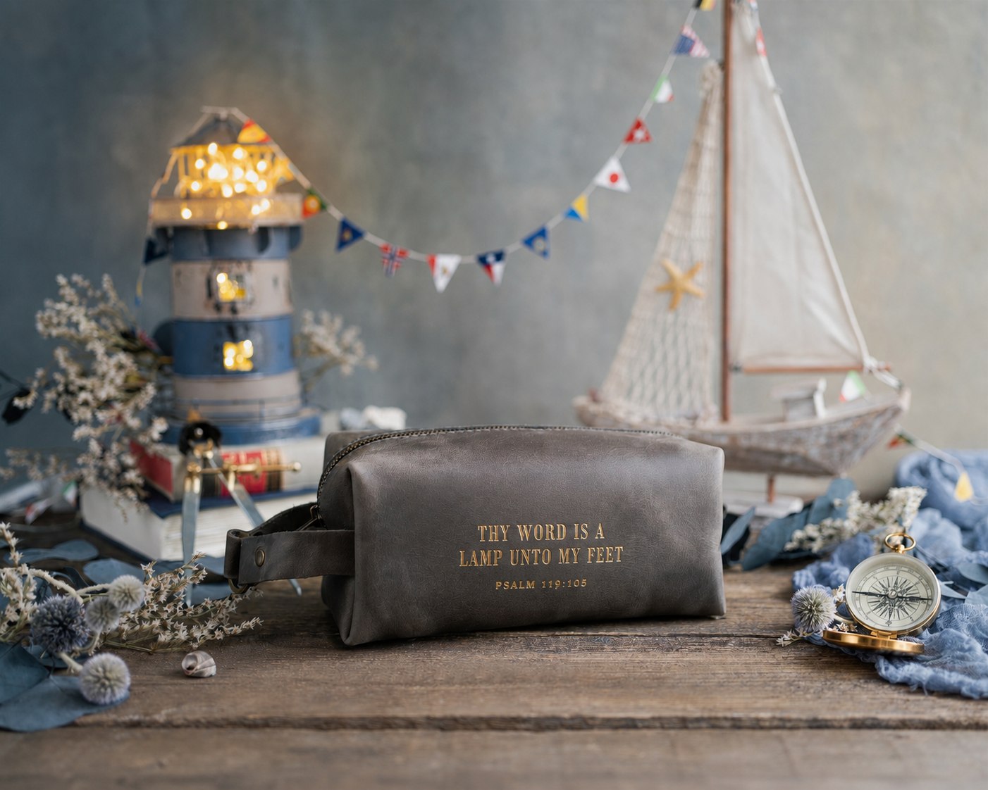 Thy Word Is A Lamp Unto My Feet Psalm 119:105 Country Gray full-grain leather dopp kit, Christian scripture gift