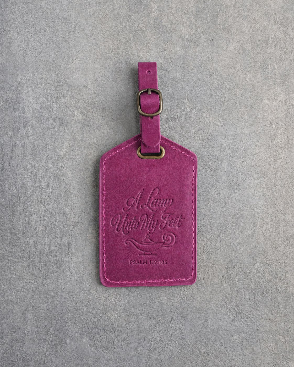 A Lamp Unto My Feet Psalm 119:105 Fuchsia full-grain leather luggage tag, Christian scripture gift
