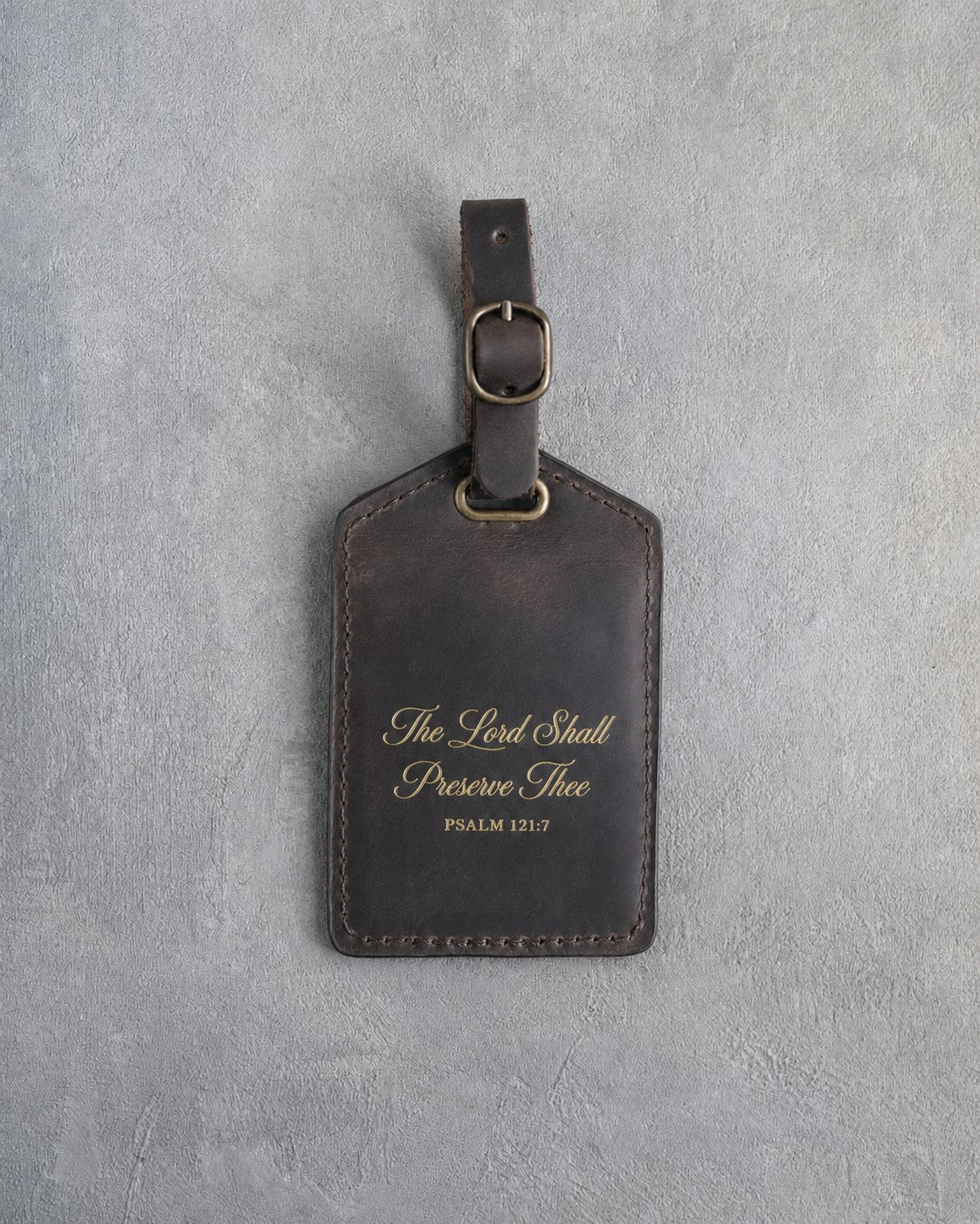 The Lord Shall Preserve Thee Psalm 121:7 Dark Espresso full-grain leather luggage tag, Christian scripture gift