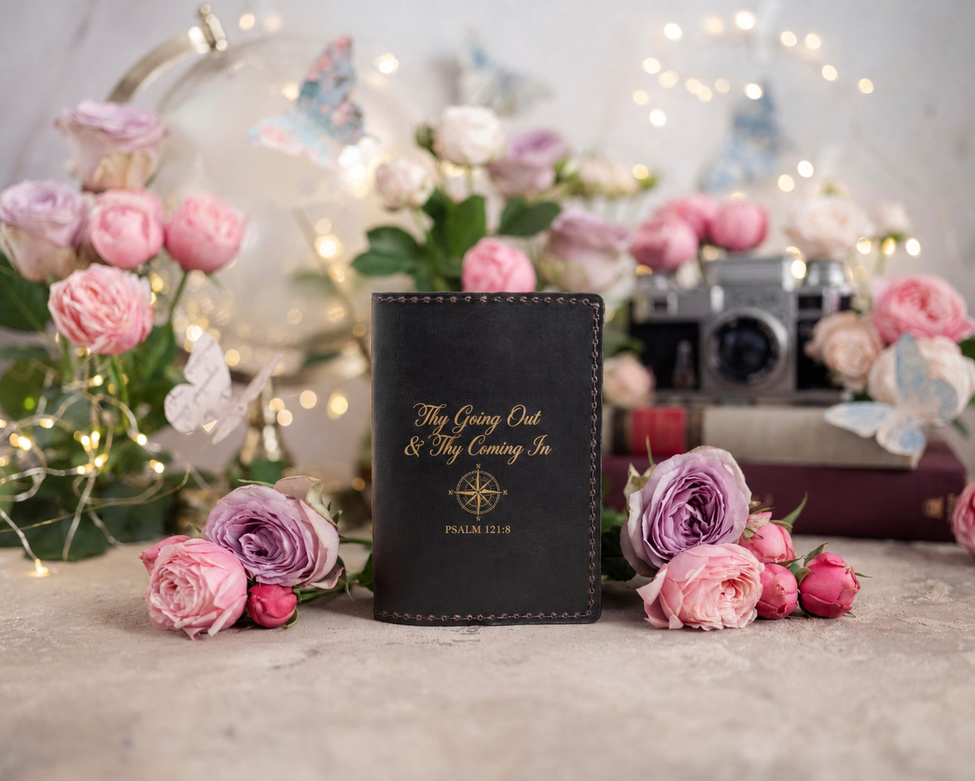 Thy Going Out & Thy Coming In Psalm 121:8 full-grain leather passport cover, Christian scripture gift