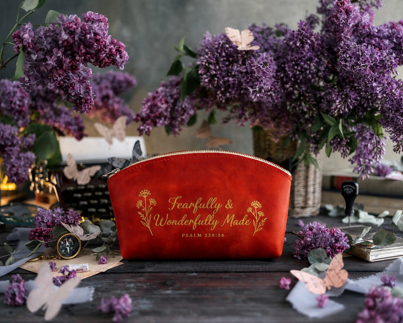 Fearfully & Wonderfully Made Psalm 139:14 full-grain leather makeup bag, Christian scripture gift